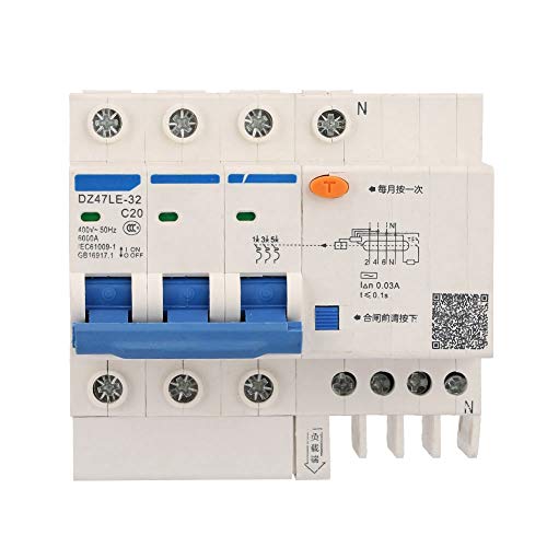 3 Polig fi Schutzschalter, 30mA 230V Fehlerstromschutzschalter, DZ47LE-32 3P+N 20A 230V, Mit Überstromschutz, 35mm DIN-Schienenmontage von Tyenaza