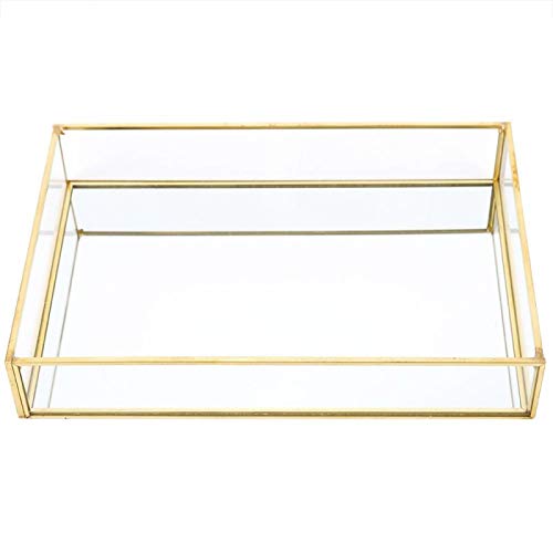 Tyenaza Glas Aufbewahrung Vintage Metall Glas Aufbewahrungsbox Gold Tablett Schmuck Kosmetik Display Boxen Organizer Box(长方形大号) von Tyenaza