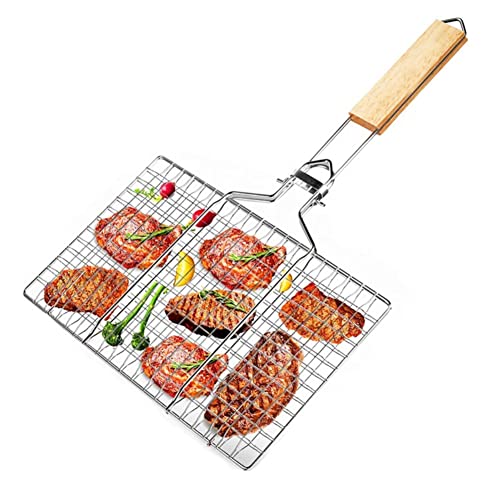 Tyenaza Edelstahl Grillnetz, Grillnetz Grillkorb BBQ Maschendrahtgrill, Metallnetz Professioneller Grill Gegrillter Fisch Clip mit Holzgriff für Fisch Gemüse Garnelen von Tyenaza