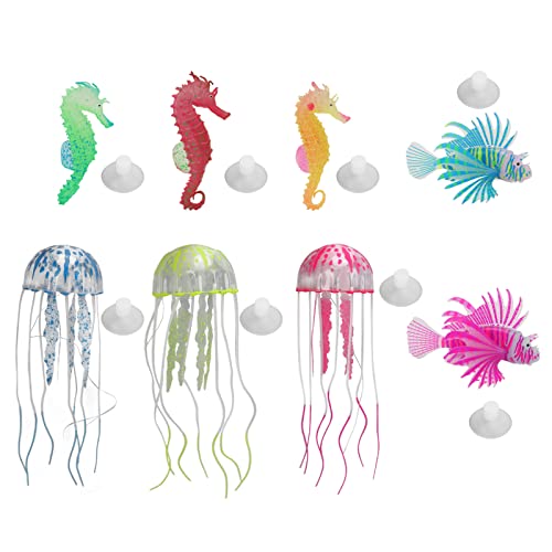 Tyenaza Leuchtende Schwimmende Aquarium-Dekoration, Buntes Silikon-Nylon-künstliches Seepferdchen- Und Quallen-Set (8er-Pack) von Tyenaza