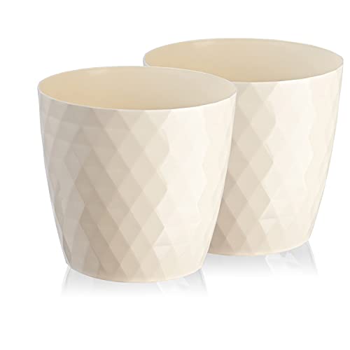 Tymar Blumentopf, 2er-Pack, glänzender, Leichter, dekorativer Pflanzentopf aus Kunststoff, Moderne, Runde Form, für Innenräume,Pflanzkübel (16 cm, Creme) von Tymar
