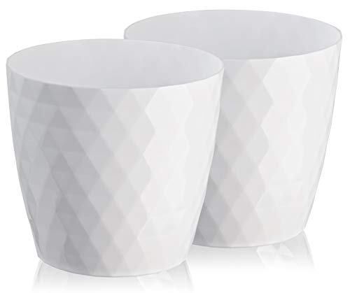 Tymar Blumentopf, 2er-Pack, glänzender, Leichter, dekorativer Pflanzentopf aus Kunststoff, Moderne, Runde Form, für Innenräume,Pflanzkübel (16 cm, Weiß) von Tymar