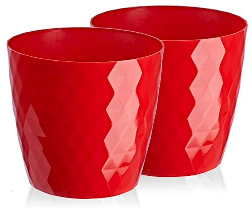 Tymar Blumentopf, 2er-Pack, glänzender, Leichter, dekorativer Pflanzentopf aus Kunststoff, Moderne, Runde Form, für Innenräume,Pflanzkübel (18 cm, Rot) von Tymar