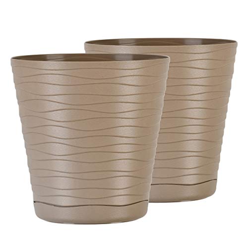 Tymar Blumentopf mit Untersetzer, 2er-Pack, runde Form, Pflanzgefäß, Pflanzkübel für Innen, Pflanztopf aus Kunststoff, Leichter, Doppelpack,mit 3D-Wellendesign (21 cm, Beige) von Tymar