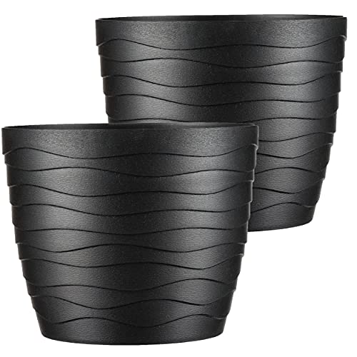 Tymar Blumentopf, 2er-Pack, runde Form, Pflanzgefäß, Pflanzkübel für Innen, Pflanztopf aus Kunststoff, Leichter, Doppelpack,mit 3D-Wellendesign (19 cm, Schwarz) von Tymar