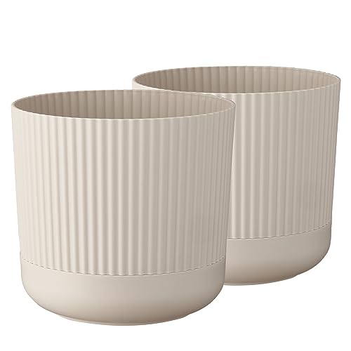 Tymar Blumentopf mit Untersetzer, 2er-Pack, Übertopf aus Kunststoff, Moderne, Runde Form (ø 18 cm, Beige) von Tymar