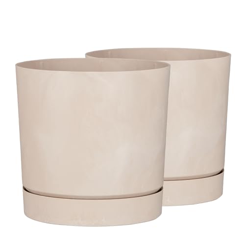 Tymar Blumentopf mit Untersetzer, 2er-Pack, dekorativer Pflanzentopf aus Kunststoff, Moderne, Runde Form, für Innenräume (ø 13 cm, (2pack) BETO Creme) von Tymar