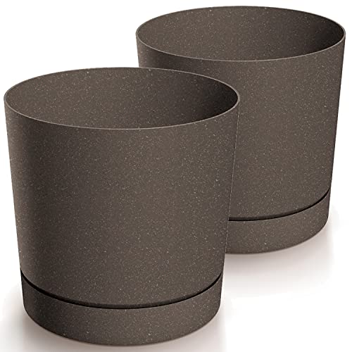 Tymar Blumentopf mit Untersetzer, 2er-Pack, dekorativer Pflanzentopf aus Kunststoff, Moderne, Runde Form, für Innenräume (ø 11 cm, (2pack) Eco Kaffee) von Tymar