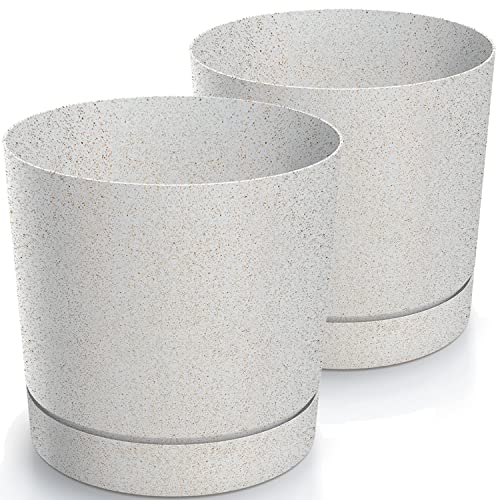 Tymar Blumentopf mit Untersetzer, 2er-Pack, dekorativer Pflanzentopf aus Kunststoff, Moderne, Runde Form, für Innenräume (ø 13 cm, (2pack) Eco Weiß) von Tymar