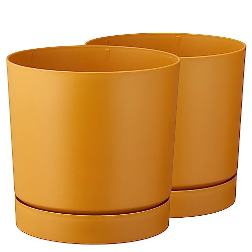 Tymar Blumentopf mit Untersetzer, 2er-Pack, dekorativer Pflanzentopf aus Kunststoff, Moderne, Runde Form, für Innenräume (ø 13 cm, (2pack) Senf) von Tymar