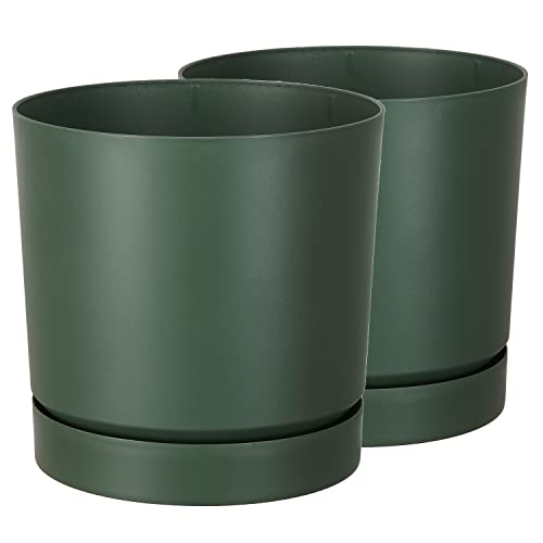 Tymar Blumentopf mit Untersetzer, 2er-Pack, dekorativer Pflanzentopf aus Kunststoff, Moderne, Runde Form, für Innenräume (ø 15 cm, (2pack) Grün) von Tymar