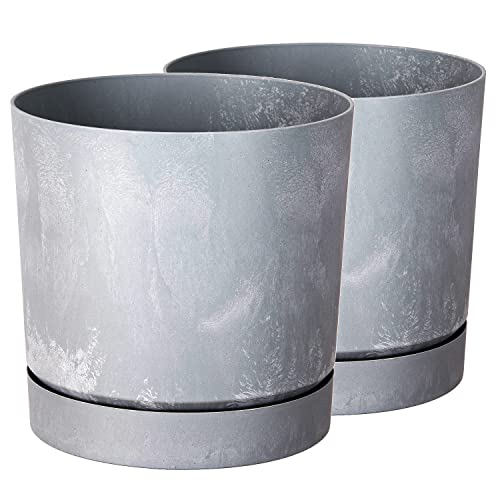 Tymar Blumentopf mit Untersetzer, 2er-Pack, dekorativer Pflanzentopf aus Kunststoff, Moderne, Runde Form, für Innenräume (ø 30 cm, (2pack) Beton) von Tymar