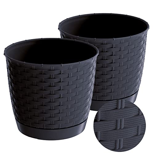 Tymar Blumentopf mit Untersetzer, 2er Set, Übertopf aus Kunststoff, Runde Rattan-Optik RR01 (Anthrazit, ø 30 cm) von Tymar