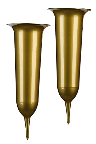 Tymar Grabvase, 2er-Pack, Friedhofsvase mit Erdspieß, Grabschmuck, Vase für Grab, Kunststoff (Gold, ø 10 cm) von Tymar