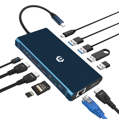 Tymyp USB C Hub, 12 in 1 Docking Station, USB C Hub Mit DREI Bildschirmen, 2 HDMI, DisplayPort, Typ C PD, USB C 3.0, TF/SD-Karte, 4 USB-Anschlüsse, Ethernet, Perfekte Kompatibilität mit Typ-C-Laptops von Tymyp