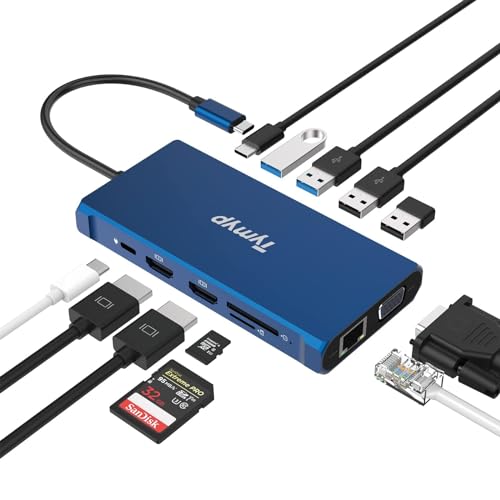 Tymyp USB C Hub, 12-in-1 Dreifachbildschirm USB Verteiler mit 2 * 4K HDMI, Ethernet, 100W PD, USB C 3.0, 4 USB A, USB C Splitter für Dell/HP/Lenovo/Mac Book Pro von Tymyp