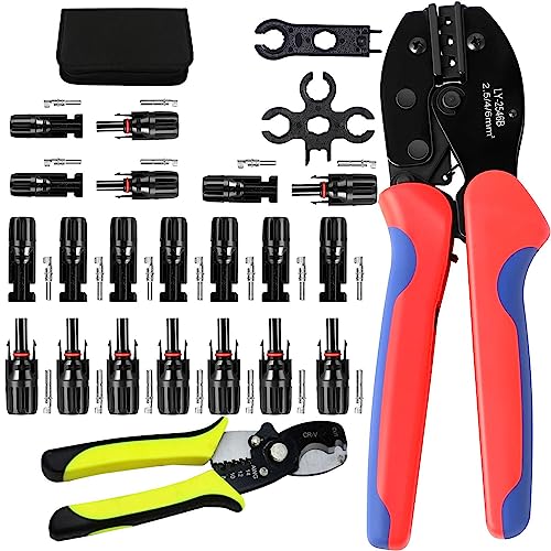 Solar Crimpzange Werkzeug Set für 2.5/4/6 mm² Solarpanel PV Kabel, 10-Paar Solarstecker + 2 Schraubenschlüssel + Gelbe Multifunktional Abisolierer + Crimpwerkzeug für Solarkabel + Werkzeugtasche von Tynerza