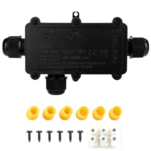 IP68 Wasserdichte Verteilerdose für den Außenbereich, T-förmige 3-Wege mit 3 Kabel M25 Verschraubung Kabelverlängerung Elektrischer Kabelschutz für Kabeldurchmesser Ø4-14mm Schwarz von Tynoscco