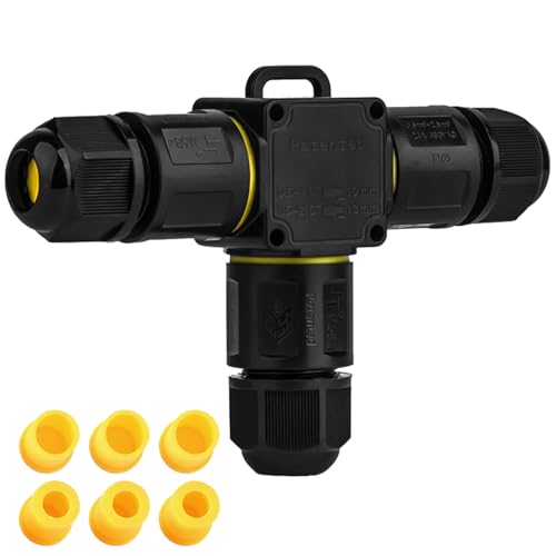 Kabelverbinder Wasserdicht 3 polig, T-Form 3-Wege IP68 Wasserdichte Kabelverbinder 4-12 mm Kabeldurchmesser, Verteilerdose außen, 3-Leiter, Verbindungsklemme mit Hebel für Outdoor, Abzweigdose Schwarz Kabelverbinder Wasserdicht 3 polig, T-Form 3-Wege IP68 Wasserdichte Kabelverbinder 4-12 mm Kabeldurchmesser, Verteilerdose außen, 3-Leiter, Verbindungsklemme mit Hebel für Outdoor, Abzweigdose Schwarz von Tynoscco