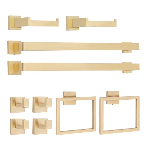 10-teiliges Badezimmer-Zubehör-Set Badezimmerzubehör mit 2 * Handtuchstange 2 * Handtuchring 2 * Toilettenpapierhalter 4 * Haken Badezimmer-kit für Badzimmer Toilette (Gold) von TyochiAki