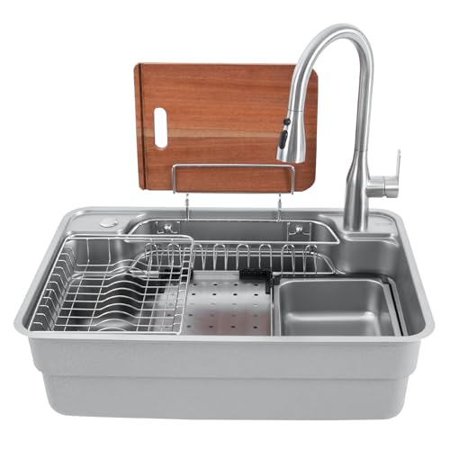 304 Edelstahl Silber Spüle Küche mit Wasserhahn Multifunktionale Spülbecken mit Ablassvorrichtung Haushaltsspüle Set mit 3 Wasserauslassmodi Wasserfall-Ausziehhahn von TyochiAki