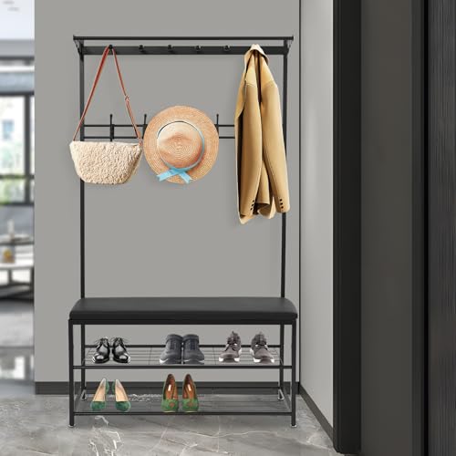Metall Garderobenständer mit Schuhregal 100 * 33 * 170cm Kleiderständer mit Haken für Eingang Flur Wohnzimmer (Schwarz) von TyochiAki