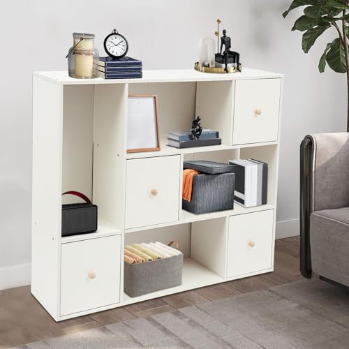 TyochiAki Bücherregal mit 4 Offenen Fächern und 4 Tür 96 * 24 * 80cm Bodenstehendes Bücherschrank Aufbewahrungsregal für Schlafzimmern Wohnzimmern Arbeitszimmern von TyochiAki