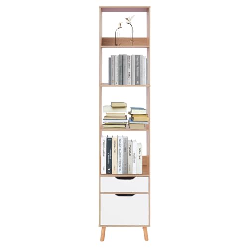 TyochiAki Bücherregal mit 4 Offener Fächern 40 * 24 * 180cm Stehendes Bücherschrank mit Türen und Schubladen Offener Aufbewahrungsregal für Schlafzimmern Wohnzimmern (Eiche) von TyochiAki