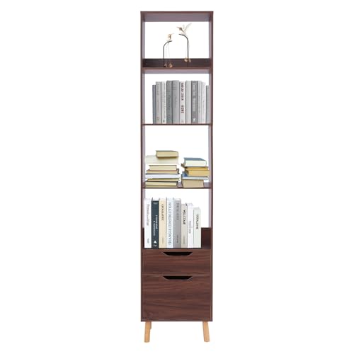TyochiAki Bücherregal mit 4 Offener Fächern 40 * 24 * 180cm Stehendes Bücherschrank mit Türen und Schubladen Offener Aufbewahrungsregal für Schlafzimmern Wohnzimmern (Nussbraun) von TyochiAki
