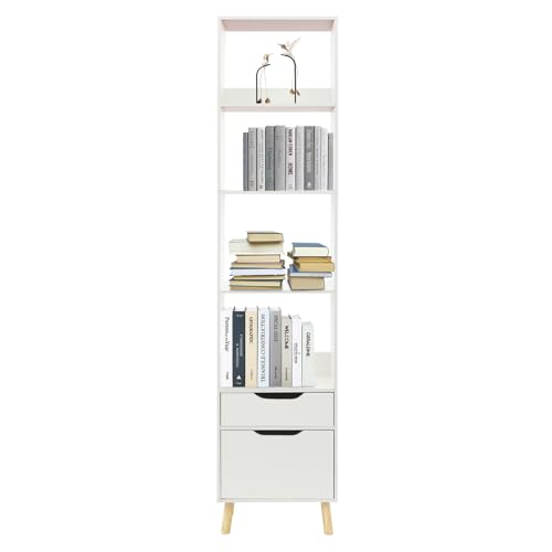 TyochiAki Bücherregal mit 4 Offener Fächern 40 * 24 * 180cm Stehendes Bücherschrank mit Türen und Schubladen Offener Aufbewahrungsregal für Schlafzimmern Wohnzimmern (Weiß) von TyochiAki