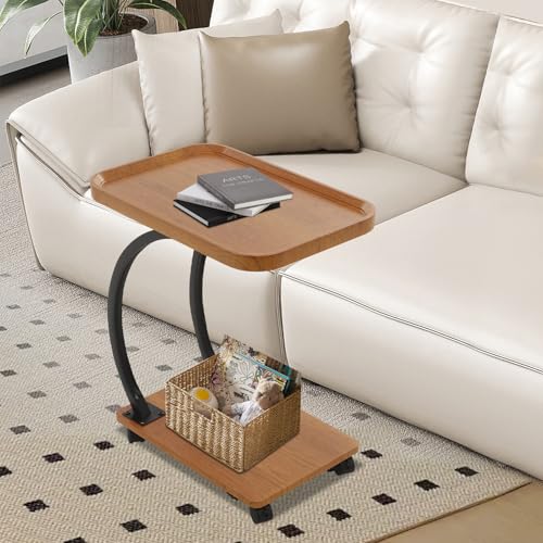 TyochiAki C-Form Beistelltisch mit Metallgestell und Rollen 52 * 34 * 60cm Couchtisch für Wohnzimmer Schlafzimmer (Logfarbe) von TyochiAki