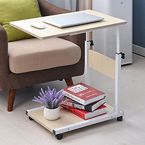 TyochiAki C-Form Beistelltisch mit Rollen 50 * 35 * 80cm Höhenverstellbar Couchtisch Mobiler Kaffeetisch für Wohnzimmer Schlafzimmer (Weißer Ahorn) von TyochiAki