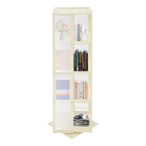 TyochiAki Drehbarer Bücherregal mit 4 Etagen 34,5 * 34,5 * 123cm Bodenstehendes Bücherschrank um 360° Drehbar Eckbücherregal für Schlafzimmern Wohnzimmern (Cremeweiß) von TyochiAki