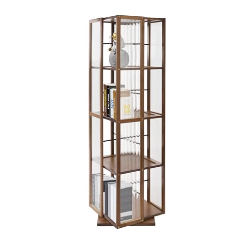 TyochiAki Drehbarer Bücherregal mit 4 Etagen 34,5 * 34,5 * 123cm Bodenstehendes Bücherschrank um 360° Drehbar Eckbücherregal für Schlafzimmern Wohnzimmern (Hellbraun) von TyochiAki