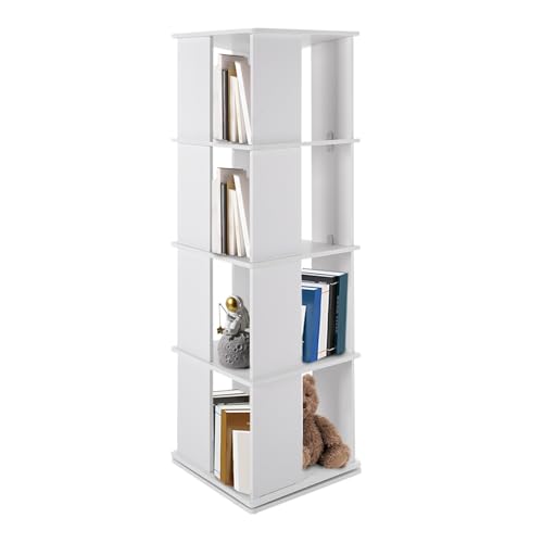 TyochiAki Drehbarer Bücherregal mit 4 Etagen 40 * 40 * 127cm Offener Bücherschrank um 360° Drehbar Bodenstehendes Aufbewahrungsregal für Schlafzimmern Wohnzimmern (Weiß) von TyochiAki