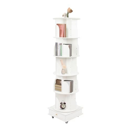 TyochiAki Drehbarer Bücherregal mit 5 Etagen 46 * 46 * 173cm Bücherschrank um 360° Drehbar Ausstellungsregal für Schlafzimmern Wohnzimmern Arbeitszimmern (Weiß) von TyochiAki