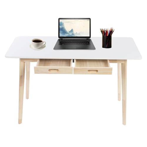 TyochiAki Einfacher Schreibtisch mit 2 Schubladen 120 * 55 * 74cm Rechteckiger Arbeitstisch aus MDF Kleiner Computertisch für Büro Schlafzimmer (Weiß, Holzfarbe) von TyochiAki