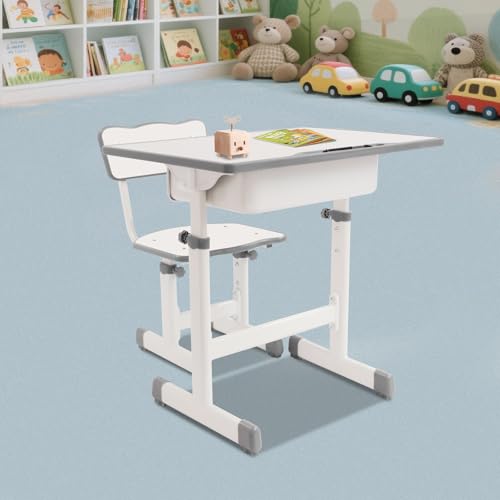 TyochiAki Kinderschreibtisch Set mit Stuhl Schülerschreibtisch Höhenverstellbar 64-76cm für Jungs und Mädchen (Cremeweiß) von TyochiAki