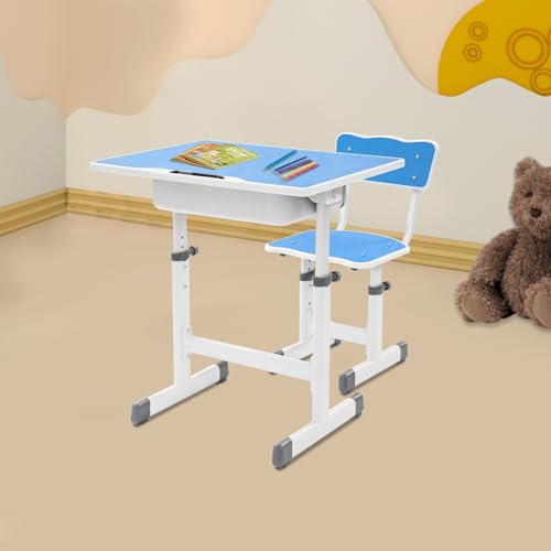 TyochiAki Kinderschreibtisch Set mit Stuhl Schülerschreibtisch Höhenverstellbar 64-76cm für Jungs und Mädchen (Grauweiß) von TyochiAki
