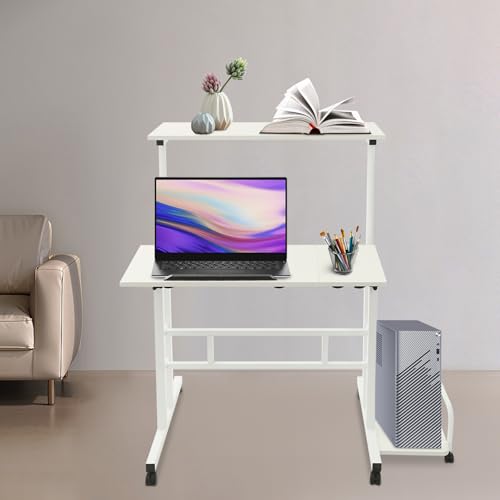 TyochiAki Klappschreibtisch mit 2 Platten 74 * 54 * 115cm Höhenverstellbarer Computertisch mit 6 Rollen Kleiner Schreibtisch für Home Büro Schlafzimmer Arbeitszimmer (Helle Walnuss+Weiß) von TyochiAki