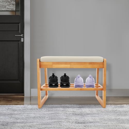 TyochiAki Schuhregal mit Sitzfläche aus Massivholz 55 * 34 * 42cm Schuhbank für Eingangsbereich Wohnzimmer Flur (Kirschholzfarbe) von TyochiAki