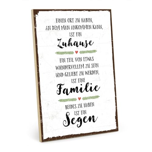 TypeStoff Holzschild mit Spruch – FAMILIE, ZUHAUSE, SEGEN – im Vintage-Look mit Zitat als Geschenk und Dekoration zum Thema Geborgenheit, Liebe und Freundschaft - HS-00263 von TypeStoff