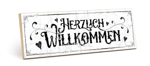 TypeStoff Holzschild mit Spruch – HERZLICH WILLKOMMEN – im Vintage-Look mit Zitat als Geschenk und Dekoration zum Thema Zuhause und Begrüßung - HS-00311 von TypeStoff