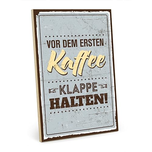 TypeStoff Holzschild mit Spruch – VOR DEM ERSTEN KAFFEE, KLAPPE HALTEN – Grafik-Bild bunt, Schild, Wandschild, Türschild, Holztafel, Holzbild als Geschenk und Dekoration - HS-00063 von TypeStoff