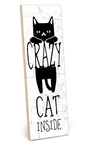 TypeStoff Holzschild mit Spruch – crazy cat – im Vintage-Look mit Zitat als Geschenk und Dekoration zum Thema Katze - HS-01151 von TypeStoff