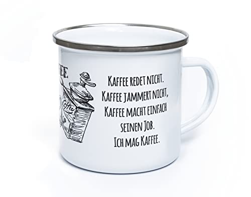 TypeStoff Emaille-Tasse mit Spruch - Kaffee redet nicht - im Vintage-Look mit Zitat als Geschenk und Dekoration zum Thema Kaffee und Tee - TS-01299 von TypeStoff