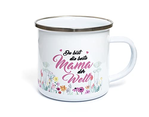 TypeStoff Emaille-Tasse mit Spruch - beste Mama - im Vintage-Look mit Zitat als Geschenk und Dekoration zum Thema Kaffee, Tee und Mama - TS-01296 von TypeStoff