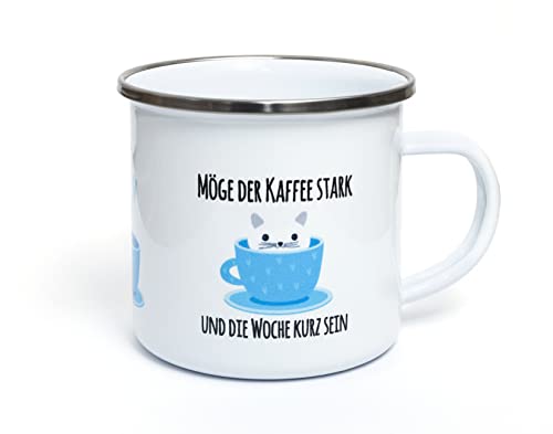 TypeStoff Emaille-Tasse mit Spruch - starker Kaffee - im Vintage-Look mit Zitat als Geschenk und Dekoration zum Thema Kaffee, Tee und Woche - TS-01295 von TypeStoff