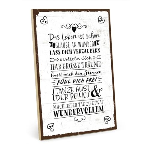 TypeStoff Holzschild mit Spruch – Das Leben ist schön – im Vintage-Look mit Zitat als Geschenk und Dekoration zum Thema Hygge – HS-01275 von TypeStoff