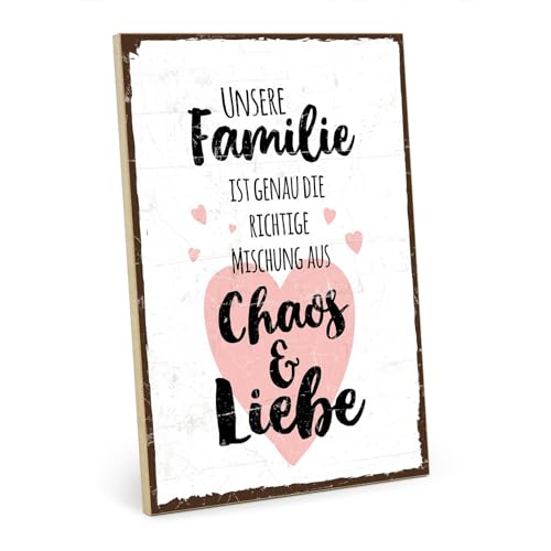 TypeStoff Holzschild mit Spruch – FAMILIE, CHAOS, LIEBE – im Vintage-Look mit Zitat als Geschenk und Dekoration zum Thema Zuhause und Zusammenhalt - HS-00284 von TypeStoff